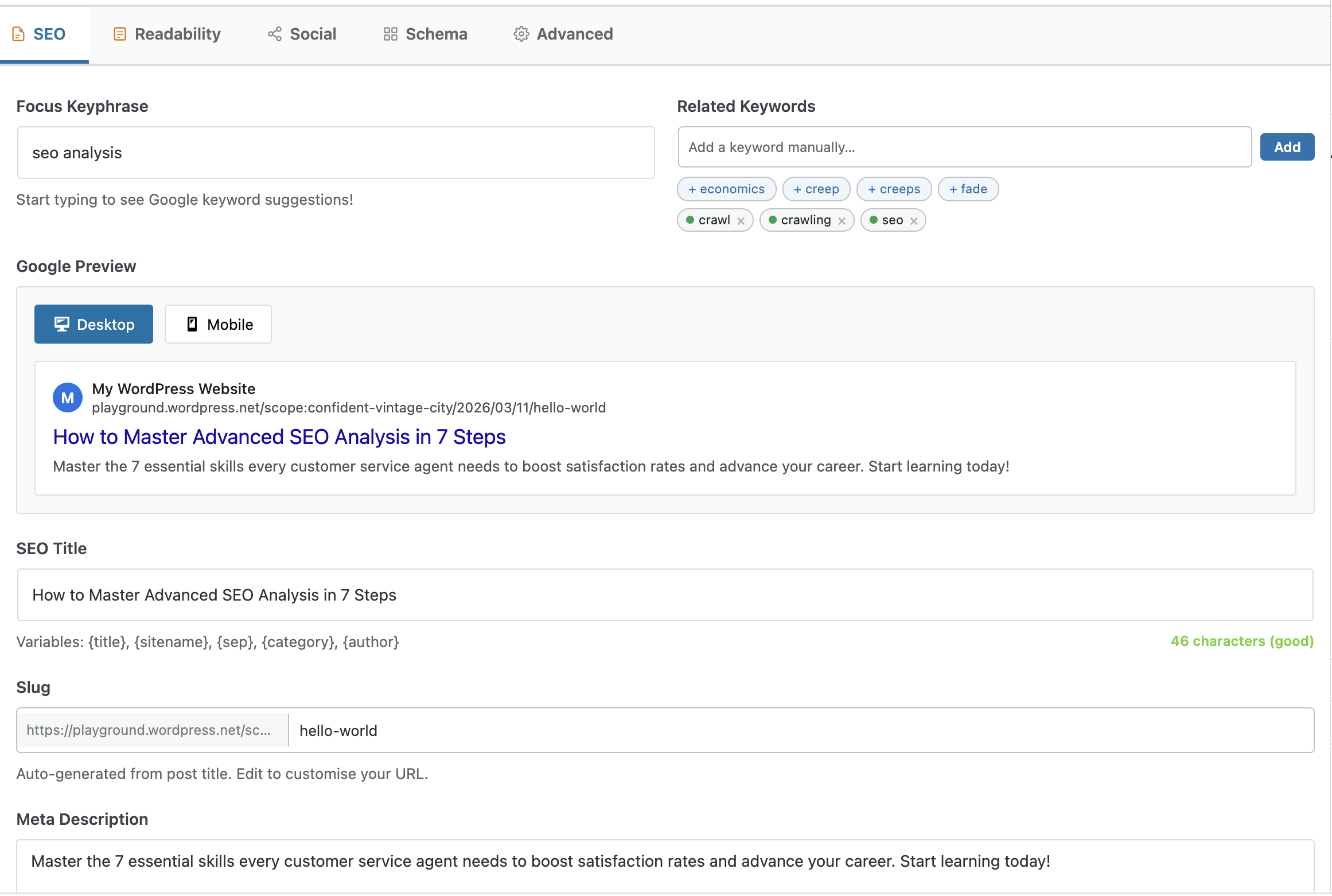 JitSEO Suite meta box with SEO, Readability, Social, Schema, and Advanced tabs